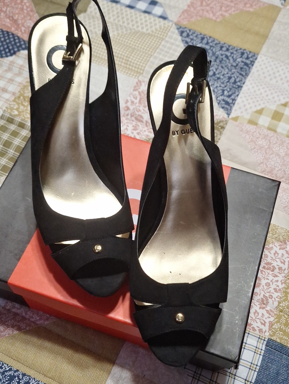 GUESS Black Open-Toe Slingback Heels with Gold Accent